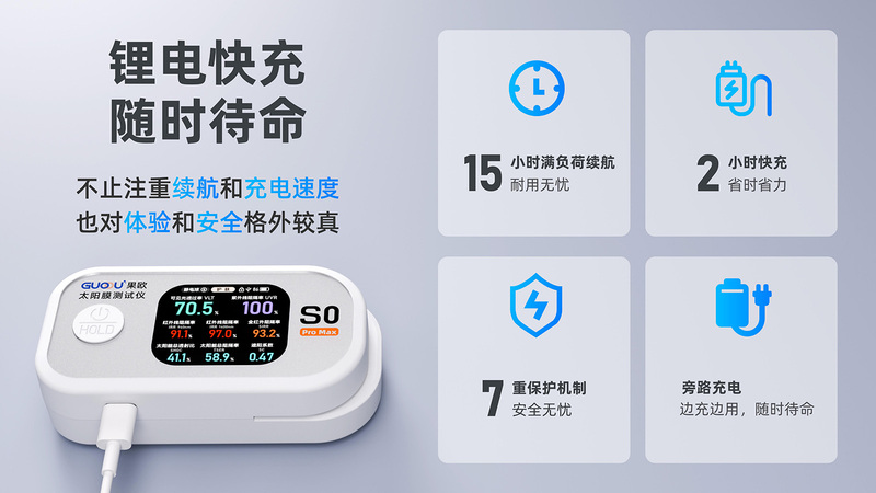 果歐S0太陽膜測試儀支持鋰電快充