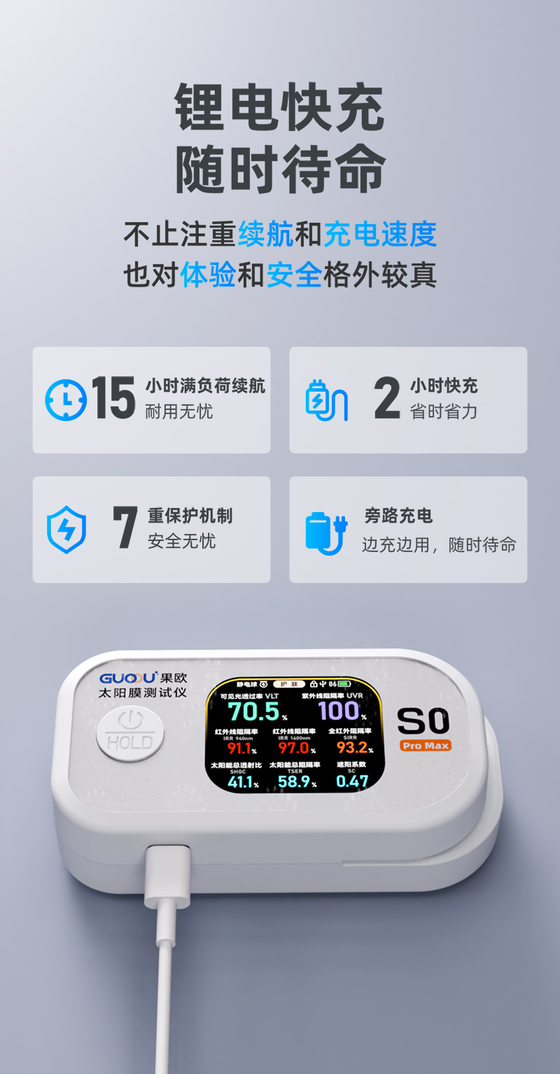 果歐S0 pro max太陽(yáng)膜測(cè)試儀支持鋰電快充