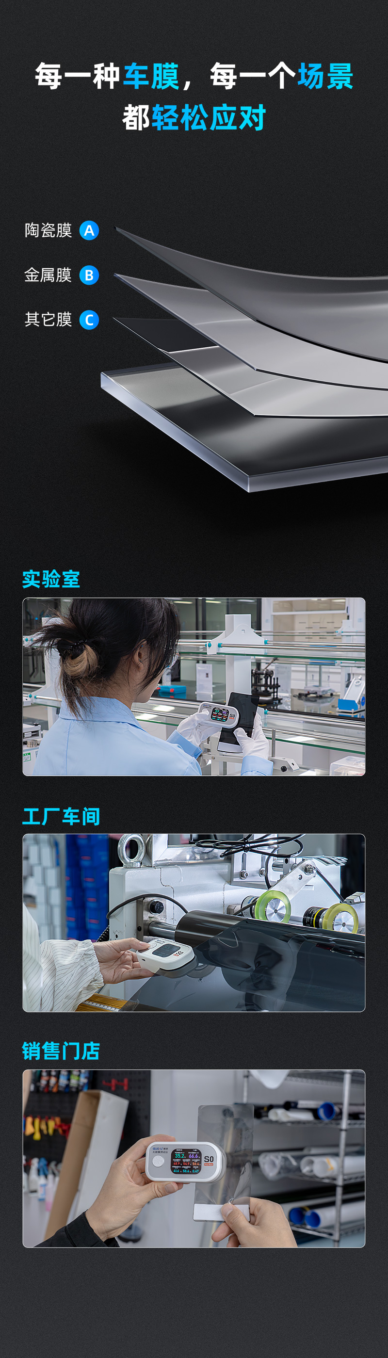 果歐S0 pro max太陽(yáng)膜測(cè)試儀可輕松應(yīng)對(duì)實(shí)驗(yàn)室、貼膜店、薄膜廠等測(cè)量場(chǎng)景