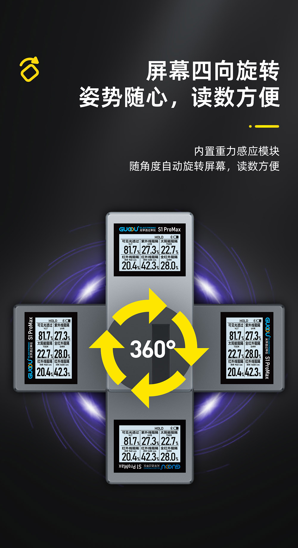 果歐S1pro太陽膜測試儀 支持四向旋轉(zhuǎn)